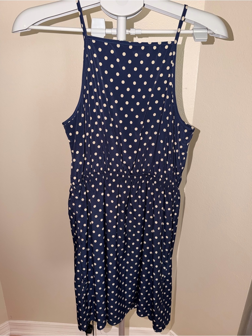Hello Miss Navy White Polka Dot Ruffle Zip Front Dress L Retro Pinup - Picture 4 of 7